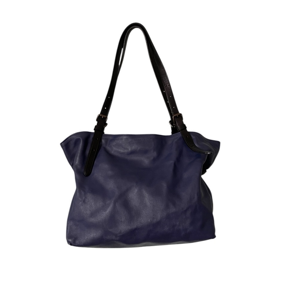 Tomas Maier Aragon Tote Genuine Leather Shoulder Purse Blue Body Black Straps